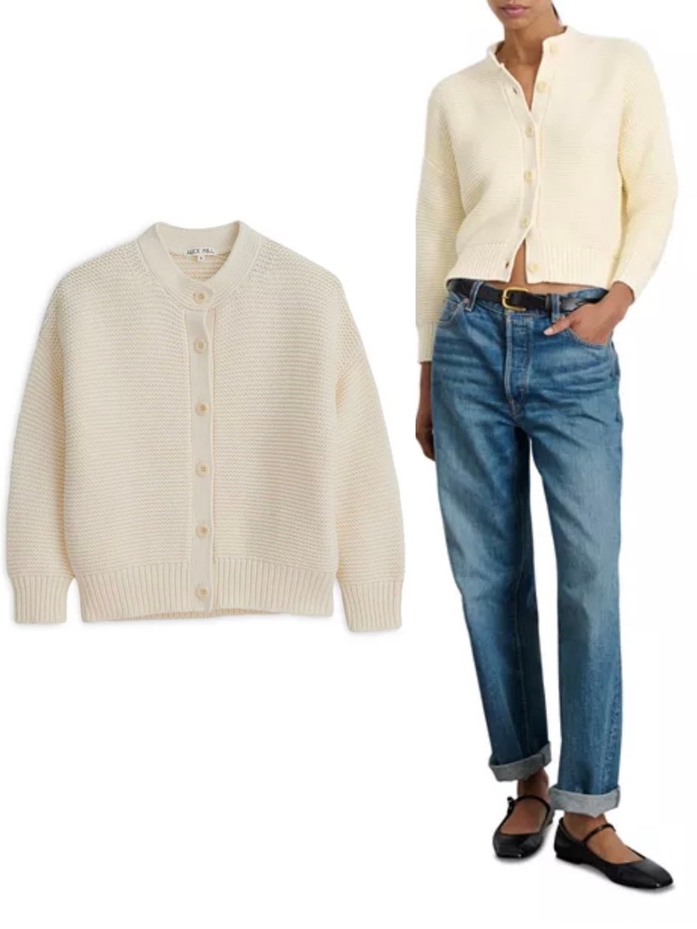 Alex Mill Nico Crewneck Cardigan Sweater Cotton Cream Button Front Size M Preppy